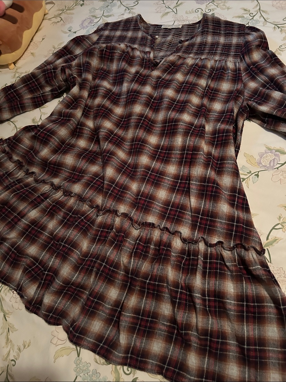 Plaid Ruffle-Hem Tunic Dress in Brown and Black